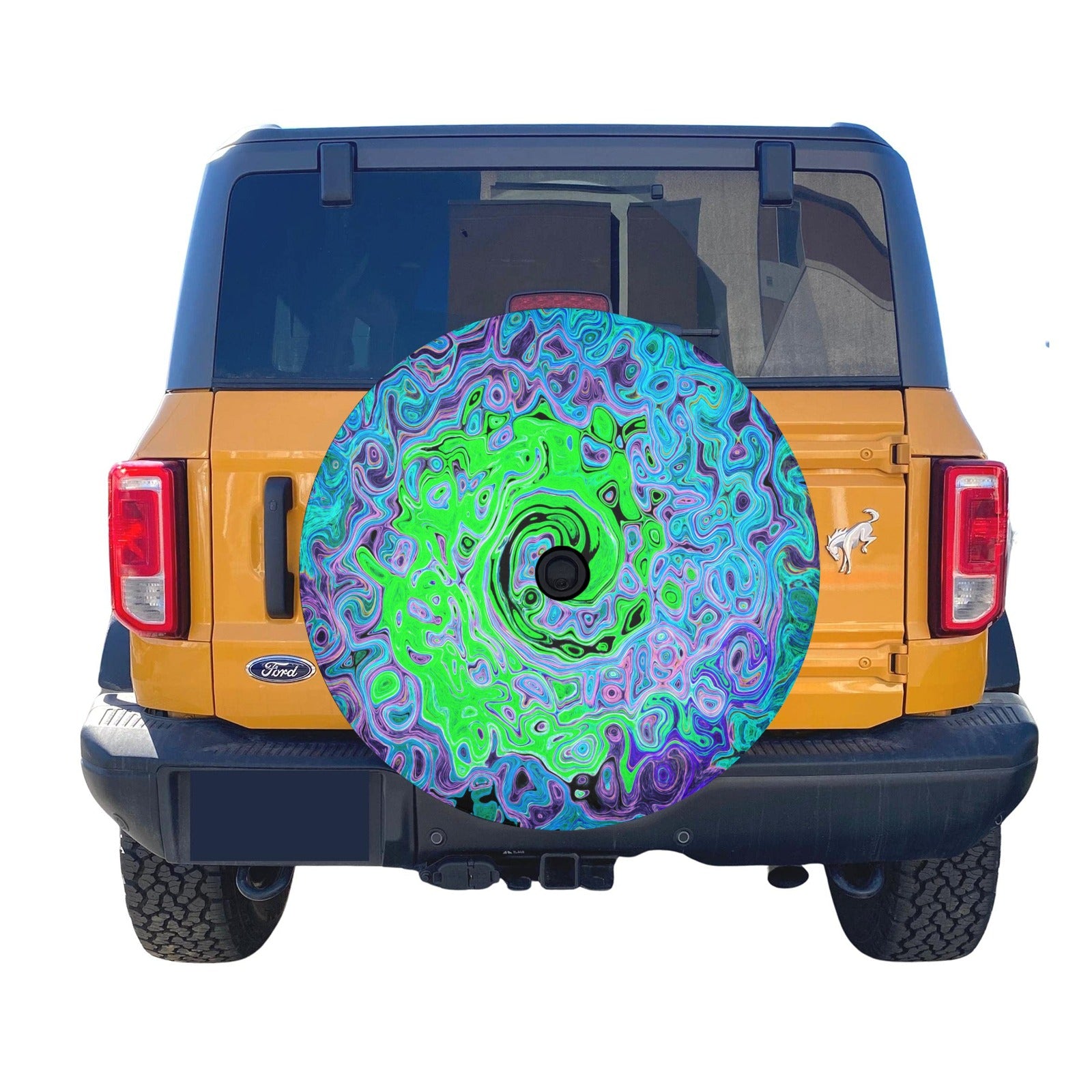 Spare Tire Cover with Backup Camera Hole - Lime Green Groovy Abstract Retro Liquid Swirl - Small