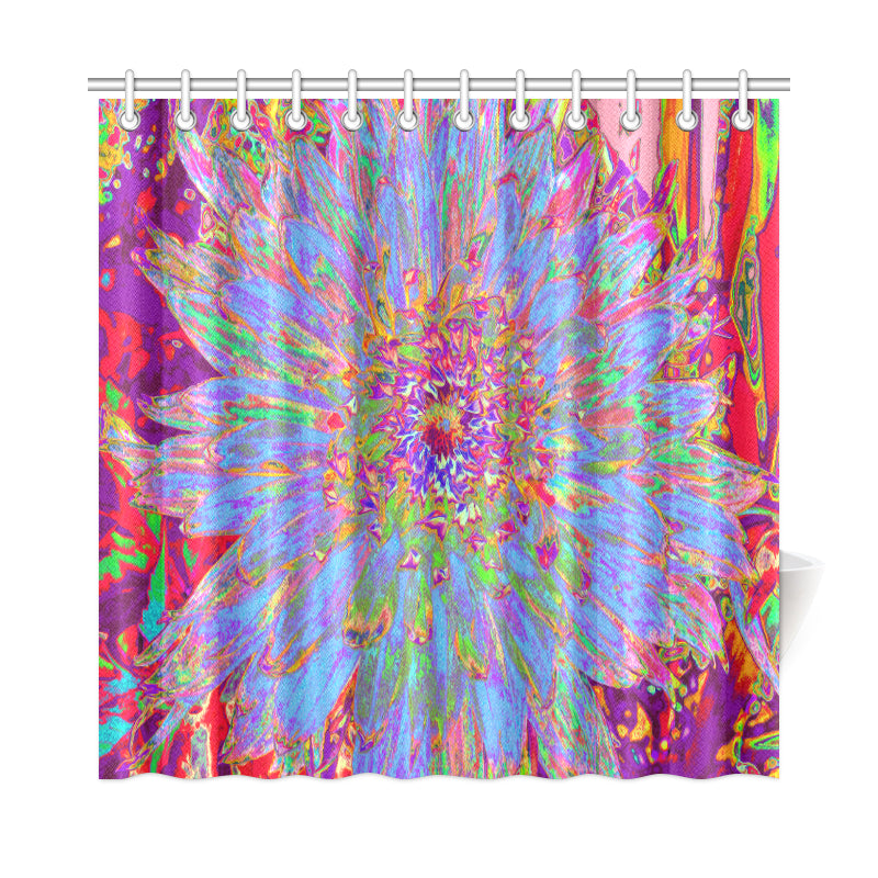 Shower Curtains, Psychedelic Groovy Blue Abstract Dahlia Flower