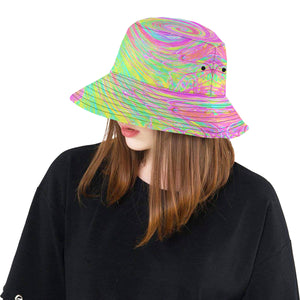 Bucket Hats, Groovy Abstract Pink and Blue Liquid Swirl