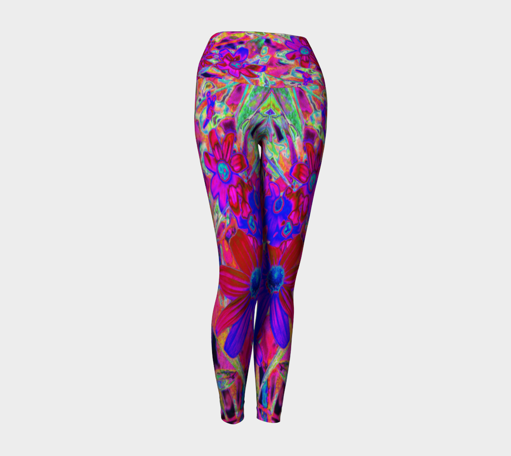 Artsy Yoga Leggings, Psychedelic Retro Crimson and Magenta Wildflowers