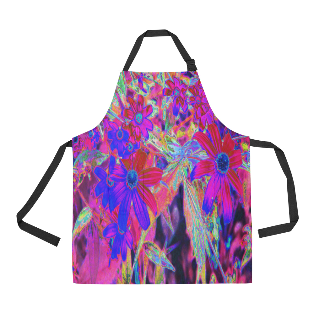 Apron with Pockets, Psychedelic Retro Crimson and Magenta Wildflowers