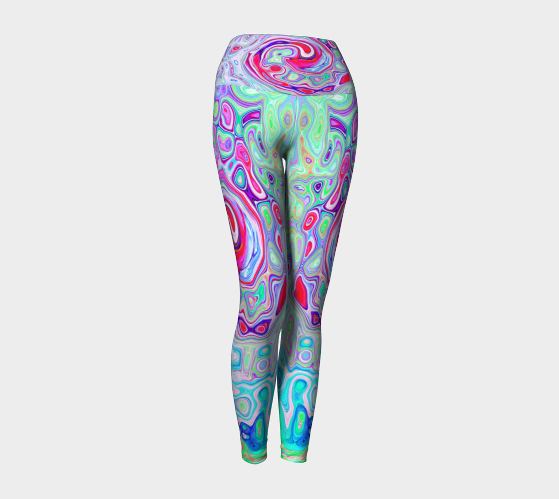 Artsy Yoga Leggings, Groovy Abstract Retro Pink and Green Swirl