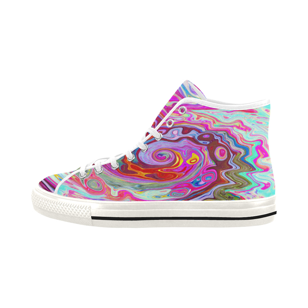 Colorful High Top Sneakers for Women, Groovy Abstract Retro Hot Pink and Blue Swirl, White