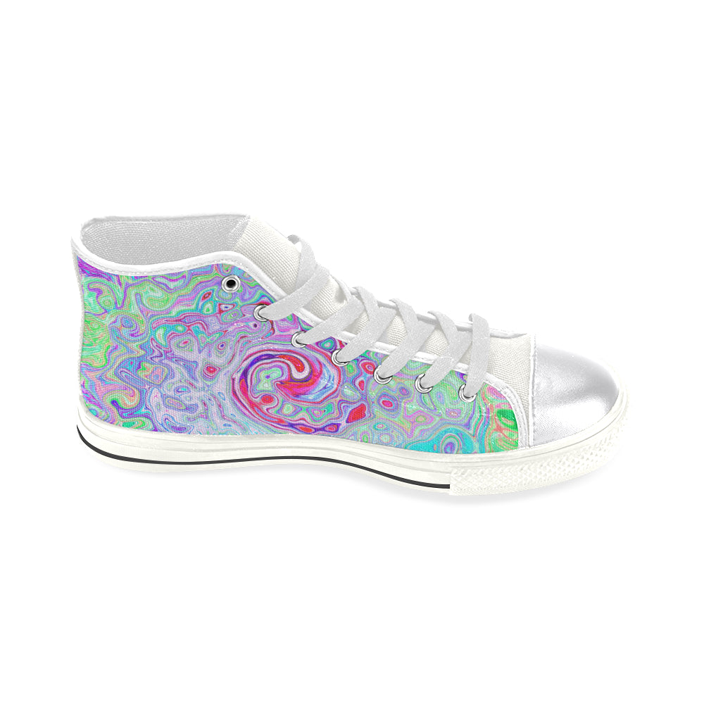 High Top Sneakers for Women, Groovy Abstract Retro Pink and Green Swirl - White