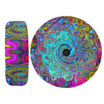 Spare Tire Cover with Backup Camera Hole - Trippy Sky Blue Abstract Retro Liquid Swirl - Small