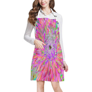 Apron with Pockets, Colorful Rainbow Abstract Decorative Dahlia Flower