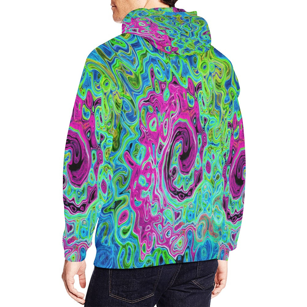 Hoodies for Men, Hot Pink and Blue Groovy Abstract Retro Liquid Swirl