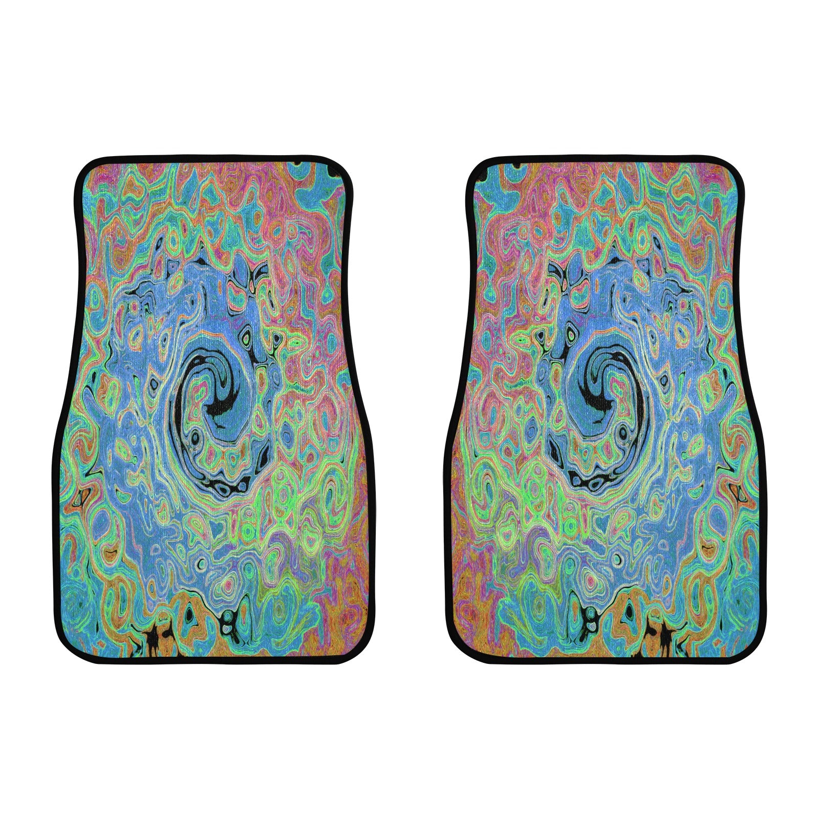 Car Floor Mats, Watercolor Blue Groovy Abstract Retro Liquid Swirl - Front Set of Two