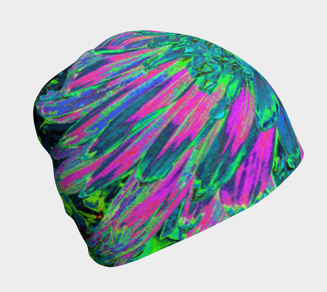 Beanie Hats for Women, Psychedelic Magenta, Aqua and Lime Green Dahlia
