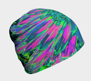 Beanie Hats for Women, Psychedelic Magenta, Aqua and Lime Green Dahlia