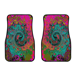 Car Floor Mats, Trippy Turquoise Abstract Retro Liquid Swirl - Front Set of Two