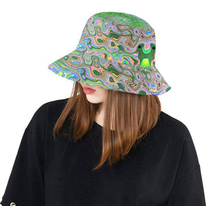 Bucket Hats, Trippy Lime Green and Pink Abstract Retro Swirl