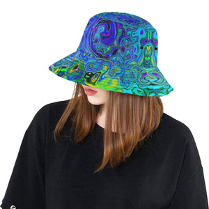 Bucket Hats, Trippy Violet Blue Abstract Retro Liquid Swirl