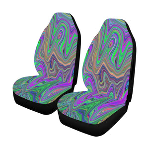 Colorful Car Seat Covers, Trippy Lime Green and Purple Waves of Color