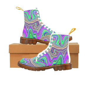 Boots for Women, Trippy Lime Green and Purple Waves of Color - White