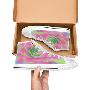 High Top Sneakers for Women, Lime Green and Pink Succulent Sedum Rosette - White