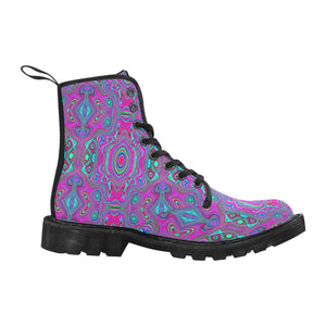 Boots for Women, Trippy Retro Magenta, Blue and Green Abstract - Black