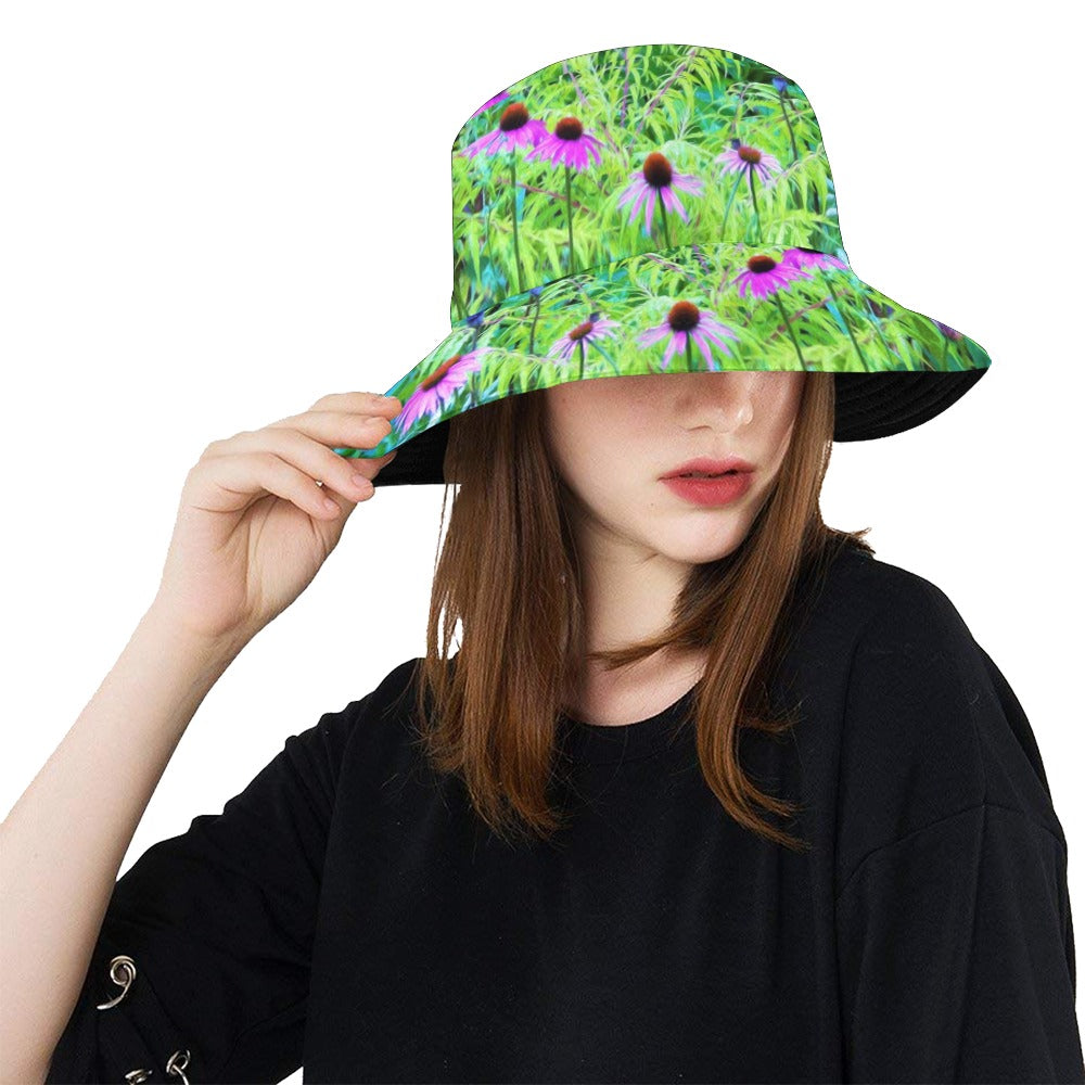 Bucket Hats for Women, Purple Coneflower Garden with Chartreuse Foliage