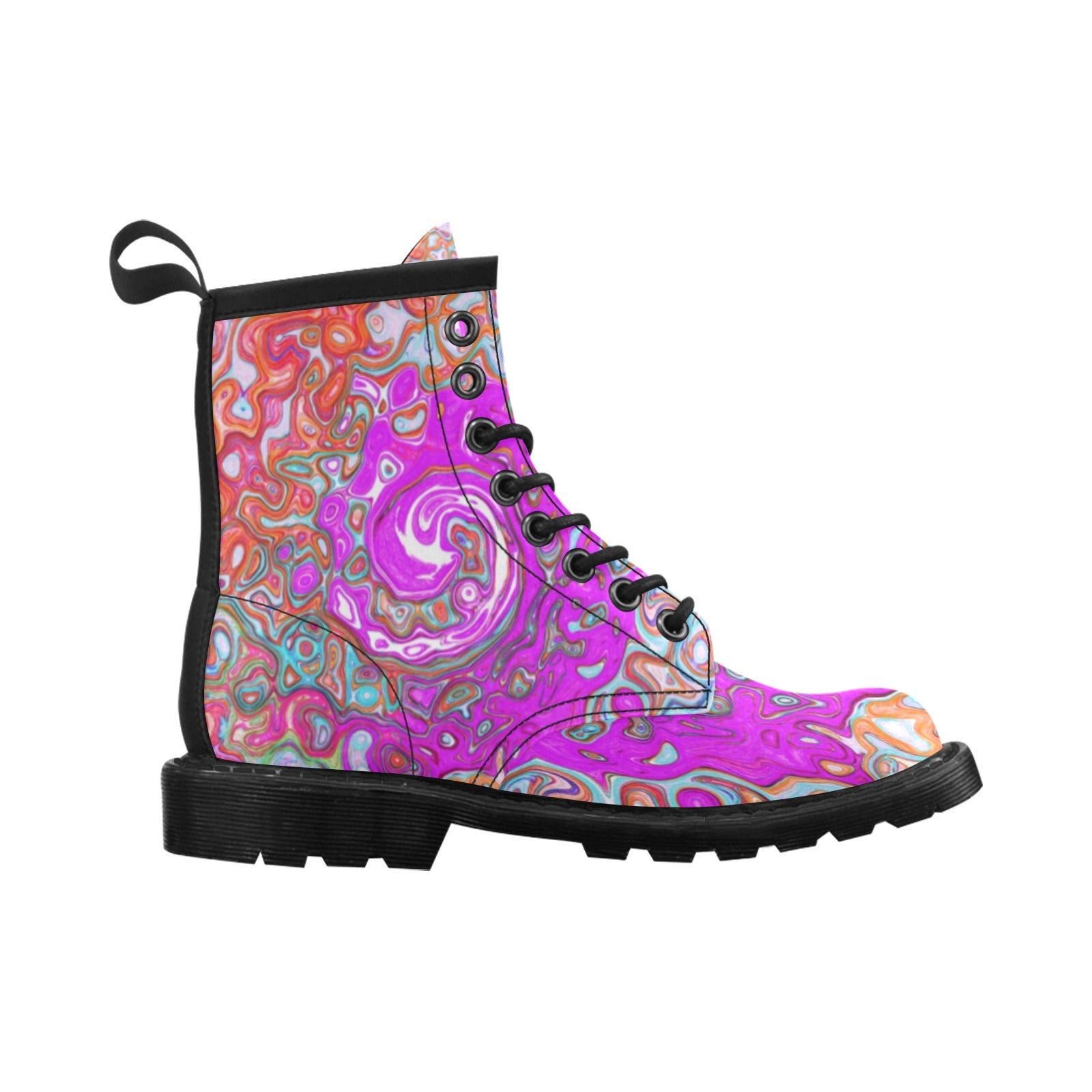 Lace Up Boots for Women - Purple and Orange Groovy Abstract Retro Liquid Swirl