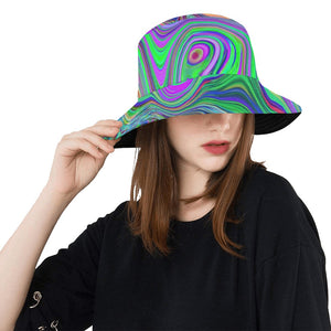 Bucket Hats, Trippy Lime Green and Purple Waves of Color