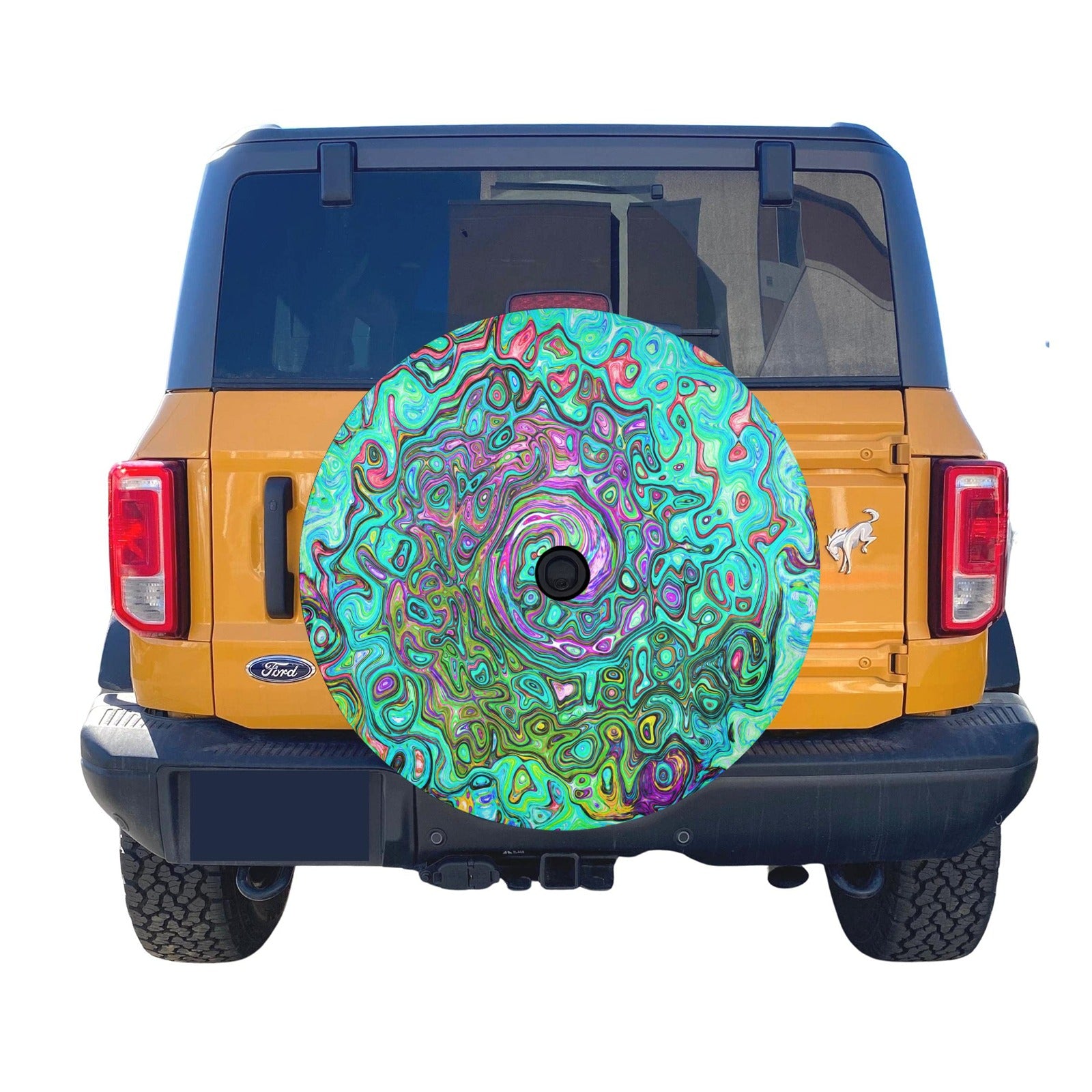 Spare Tire Cover with Backup Camera Hole - Aquamarine Groovy Abstract Retro Liquid Swirl - Small