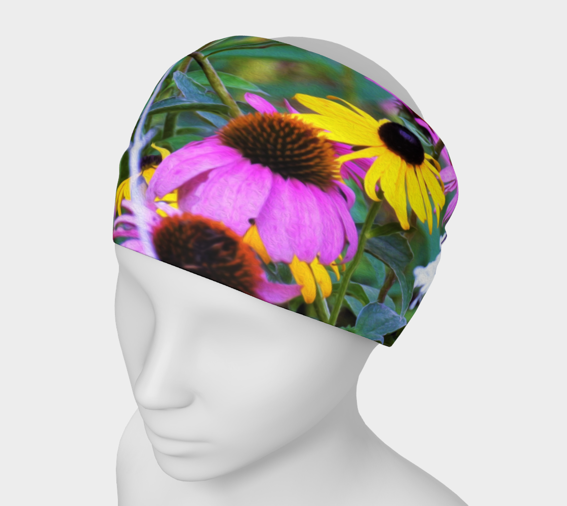 Wide Fabric Headband, Yellow Flowers in the Purple Coneflower Garden, Face Covering