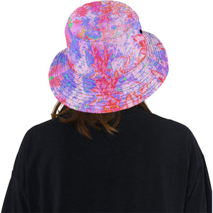 Bucket Hats, Pastel Pink and Red with a Blue Hydrangea Landscape