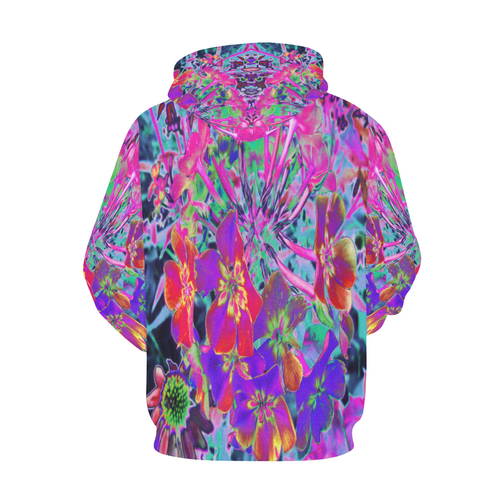 Hoodies for Men, Dramatic Psychedelic Colorful Red and Purple Flowers