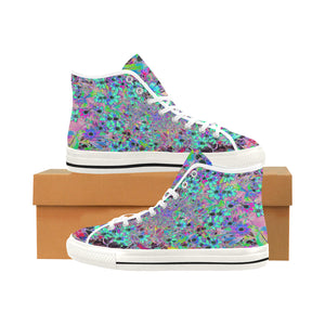 Colorful High Top Sneakers for Women, Purple Garden with Psychedelic Aquamarine Flowers, White