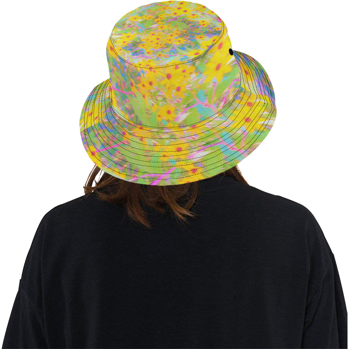 Bucket Hat, Pretty Yellow and Red Flowers with Turquoise, Colorful Hat for Women