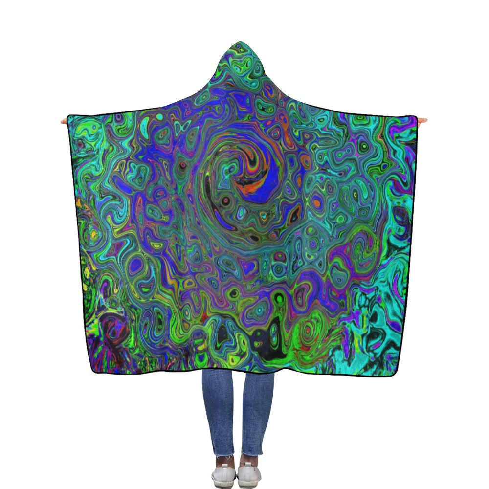 Hooded Blankets for Men, Marbled Blue and Aquamarine Abstract Retro Swirl