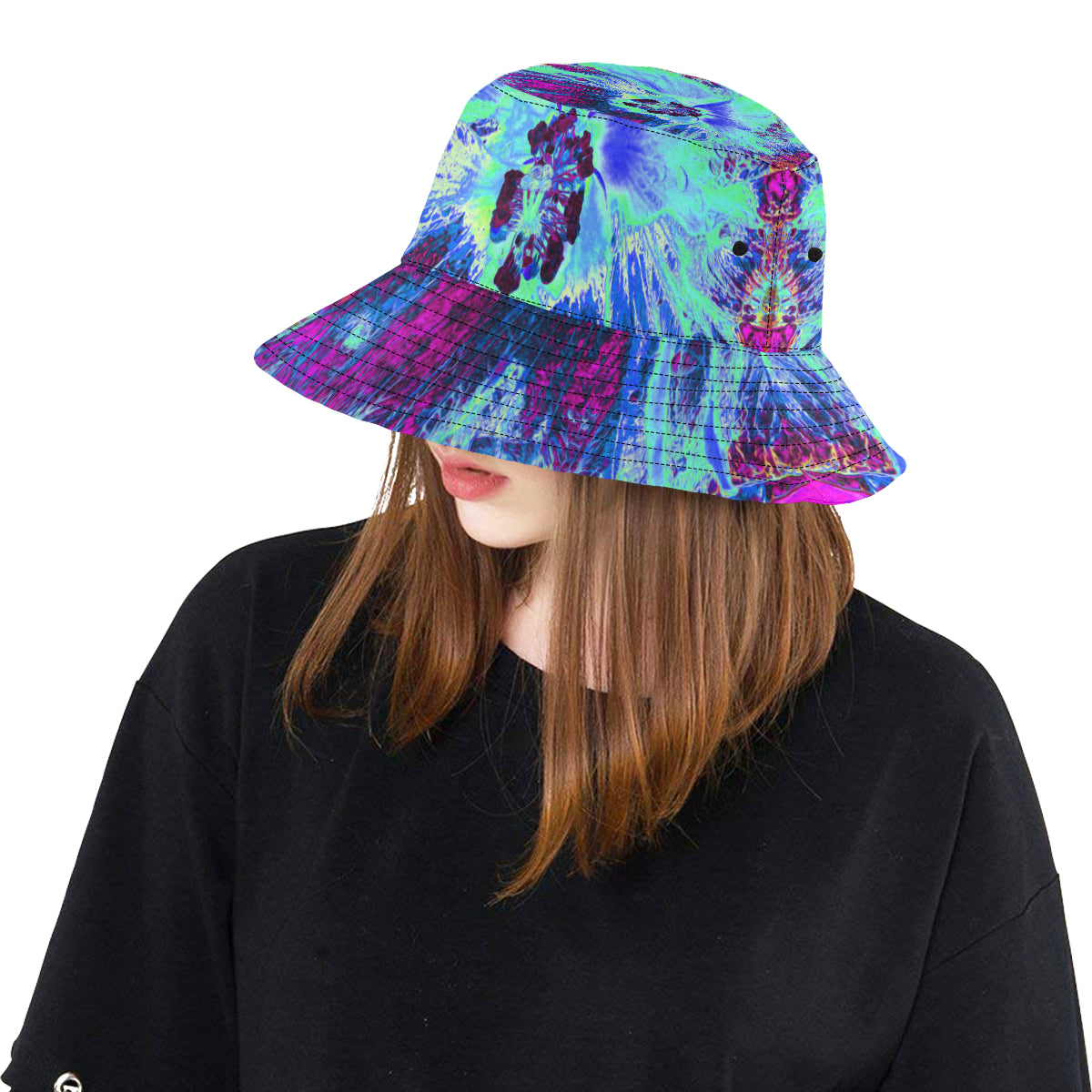 Bucket Hats, Psychedelic Retro Green and Blue Hibiscus Flower