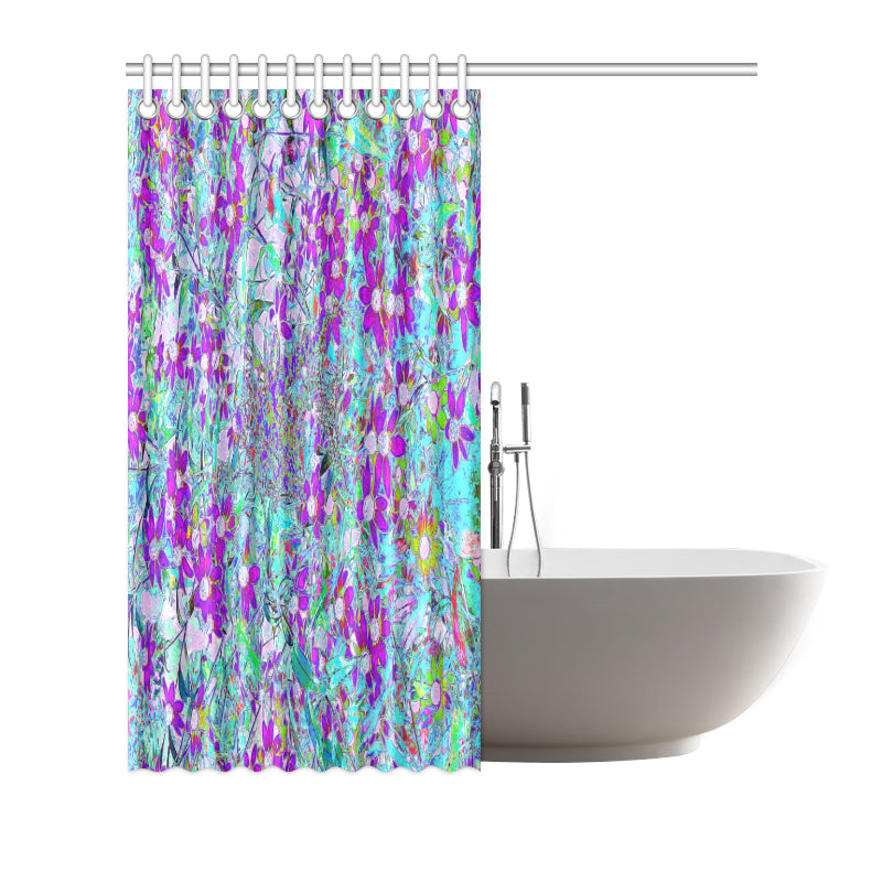Shower Curtain, Aqua Garden with Violet Blue and Hot Pink Flowers