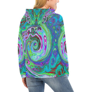 Hoodies for Women, Retro Green, Red and Magenta Abstract Groovy Swirl