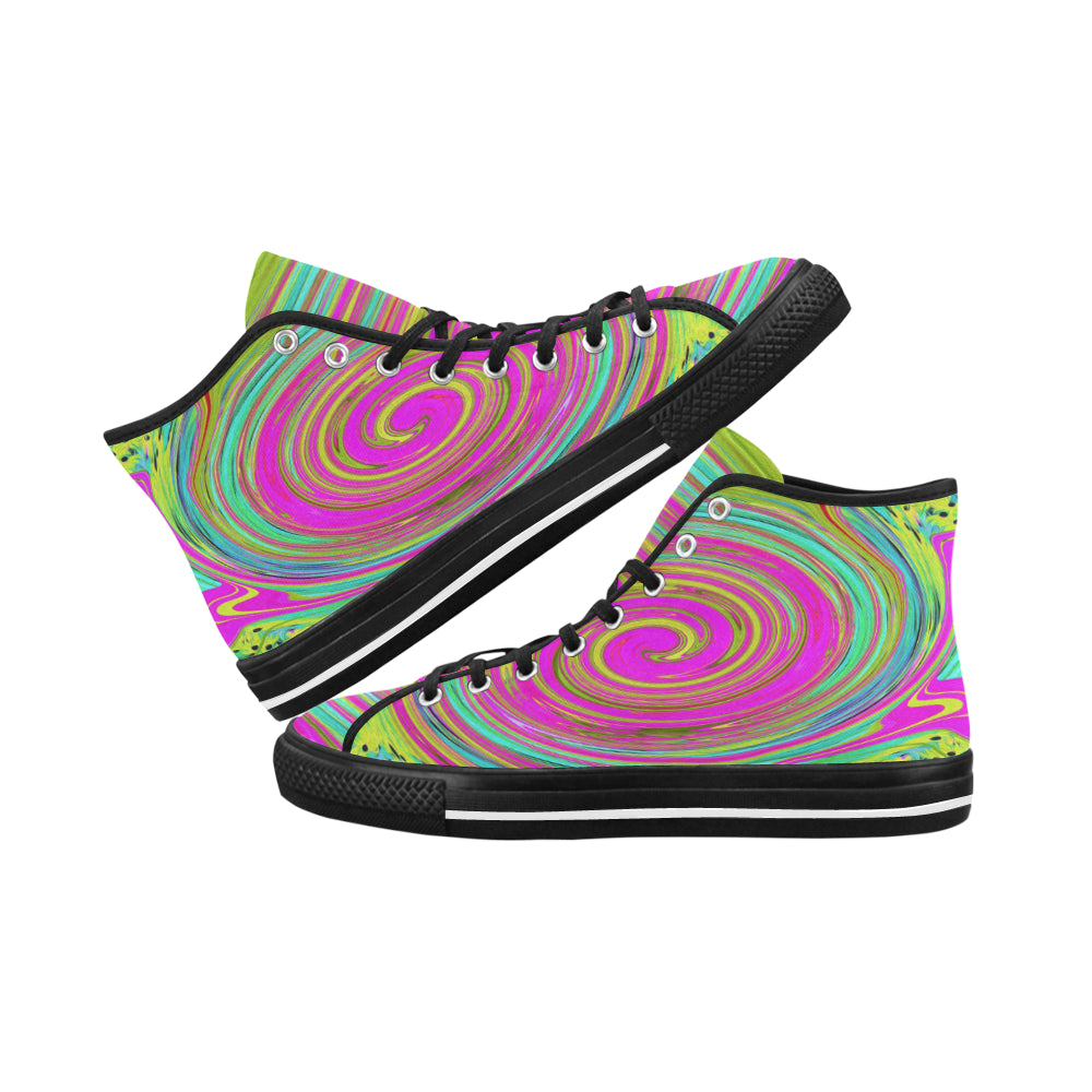 Colorful High Top Sneakers for Women, Groovy Abstract Pink and Turquoise Swirl with Flowers, Black