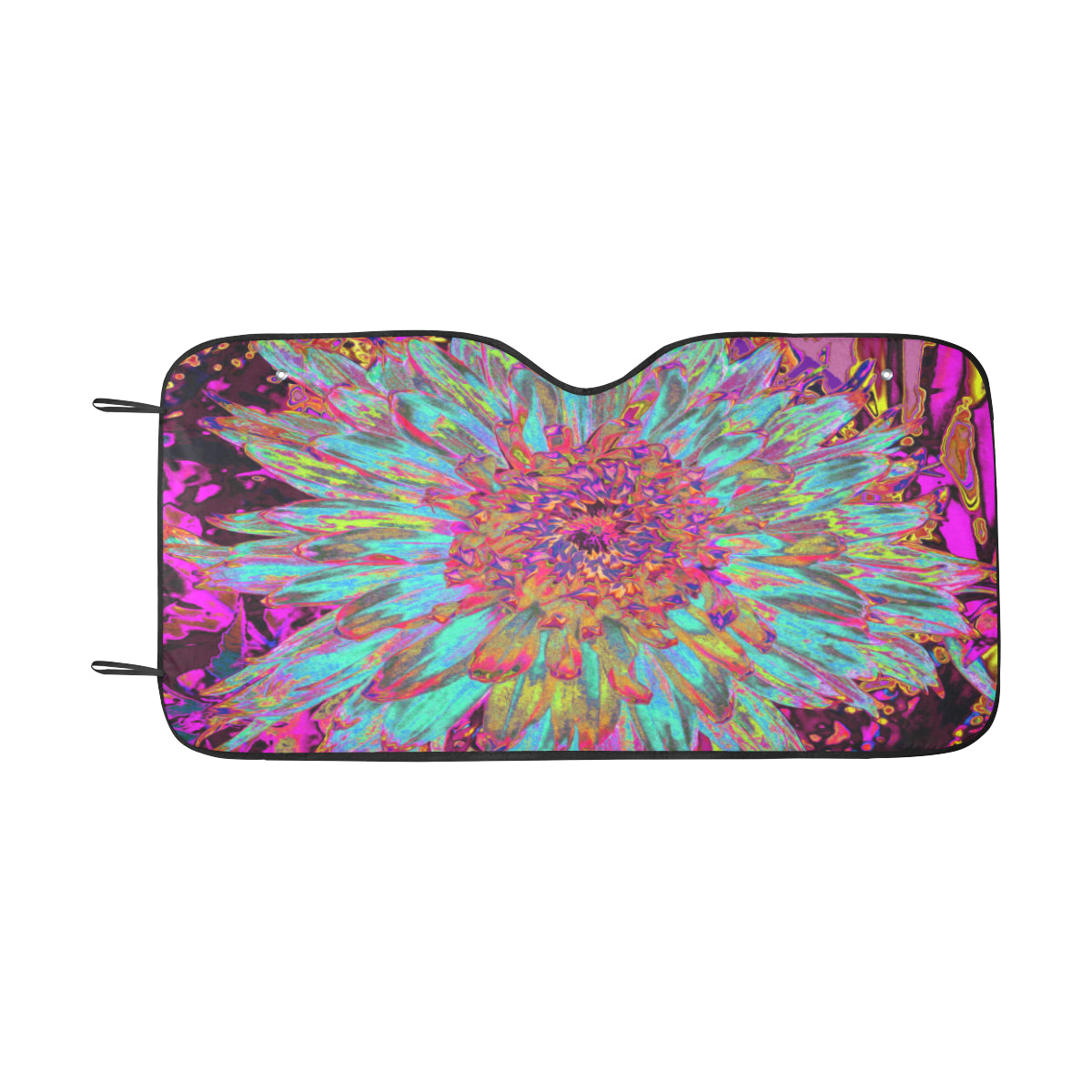 Auto Sun Shade, Psychedelic Teal Blue Abstract Decorative Dahlia