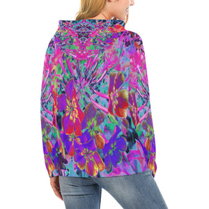 Hoodies for Women, Dramatic Psychedelic Colorful Red and Purple Flowers