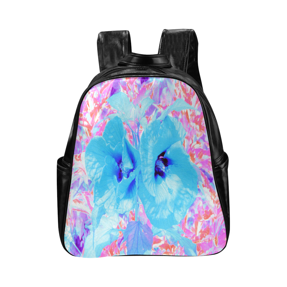 Backpack – Faux Leather, Two Cool Blue Plum Crazy Hibiscus on Red and Pink