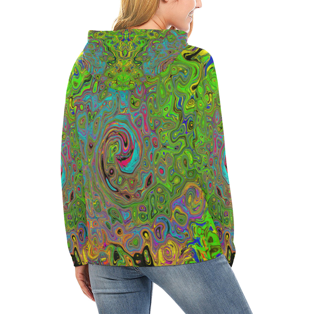 Hoodies for Women, Groovy Abstract Retro Lime Green and Blue Swirl