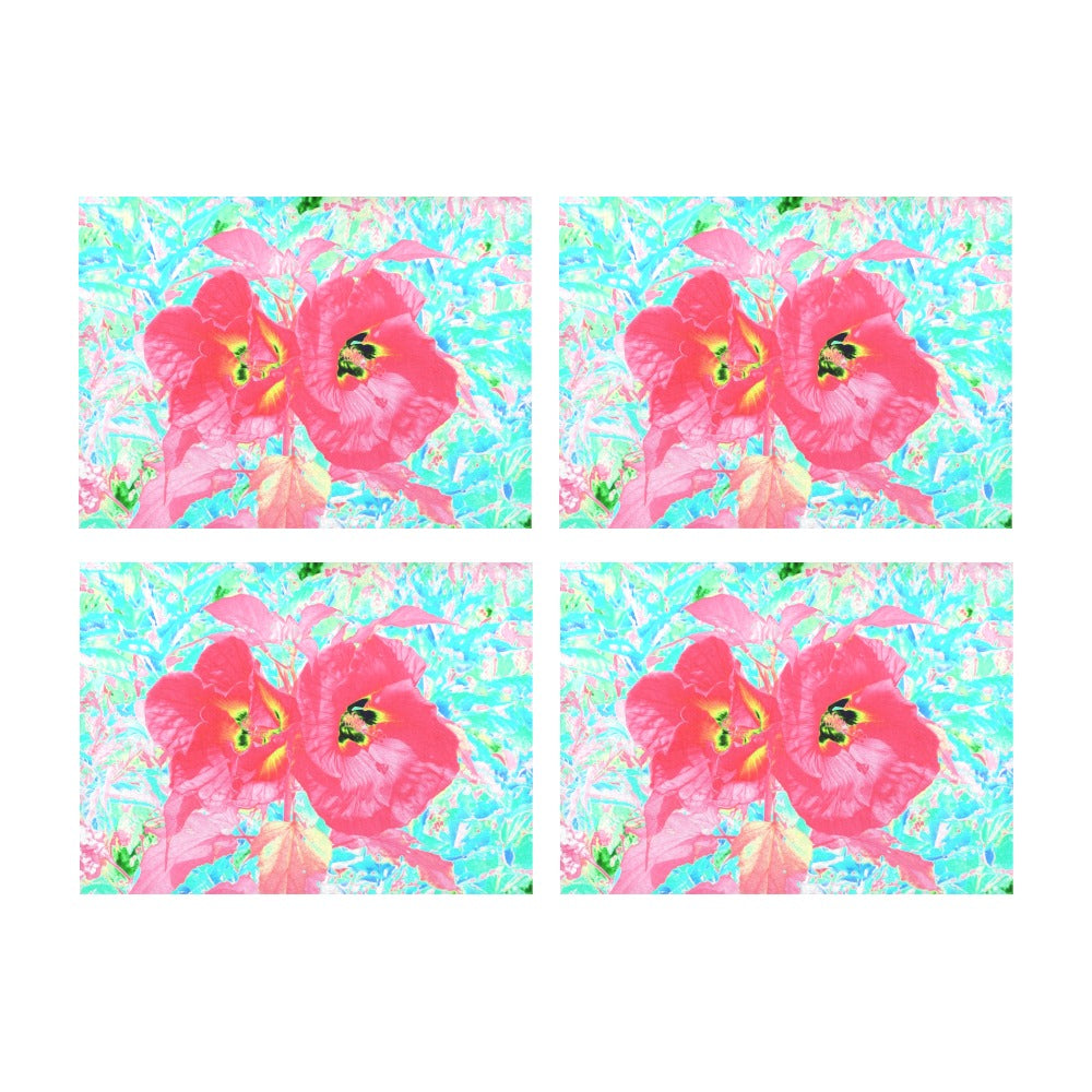 Cloth Placemats Set, Two Rosy Red Coral Plum Crazy Hibiscus on Aqua