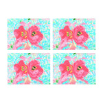 Cloth Placemats Set, Two Rosy Red Coral Plum Crazy Hibiscus on Aqua
