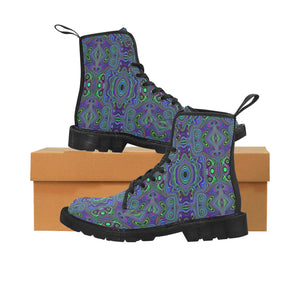 Boots for Women, Trippy Retro Royal Blue and Lime Green Abstract - Black