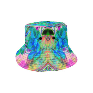 Bucket Hats, Psychedelic Trippy Lime Green and Blue Flowers