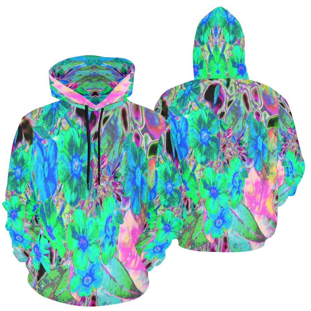 Hoodies for Women, Psychedelic Trippy Lime Green and Blue Flowers