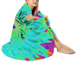 Round Throw Blankets, Abstract Aqua Decorative Dahlia Flower