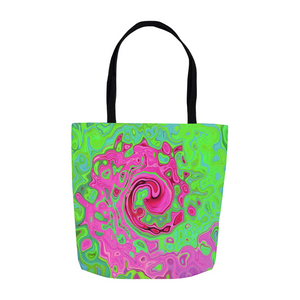 Trippy Tote Bags, Groovy Abstract Green and Red Lava Liquid Swirl