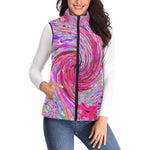 Women's Stand Collar Vest, Cool Abstract Retro Hot Pink and Red Floral Swirl
