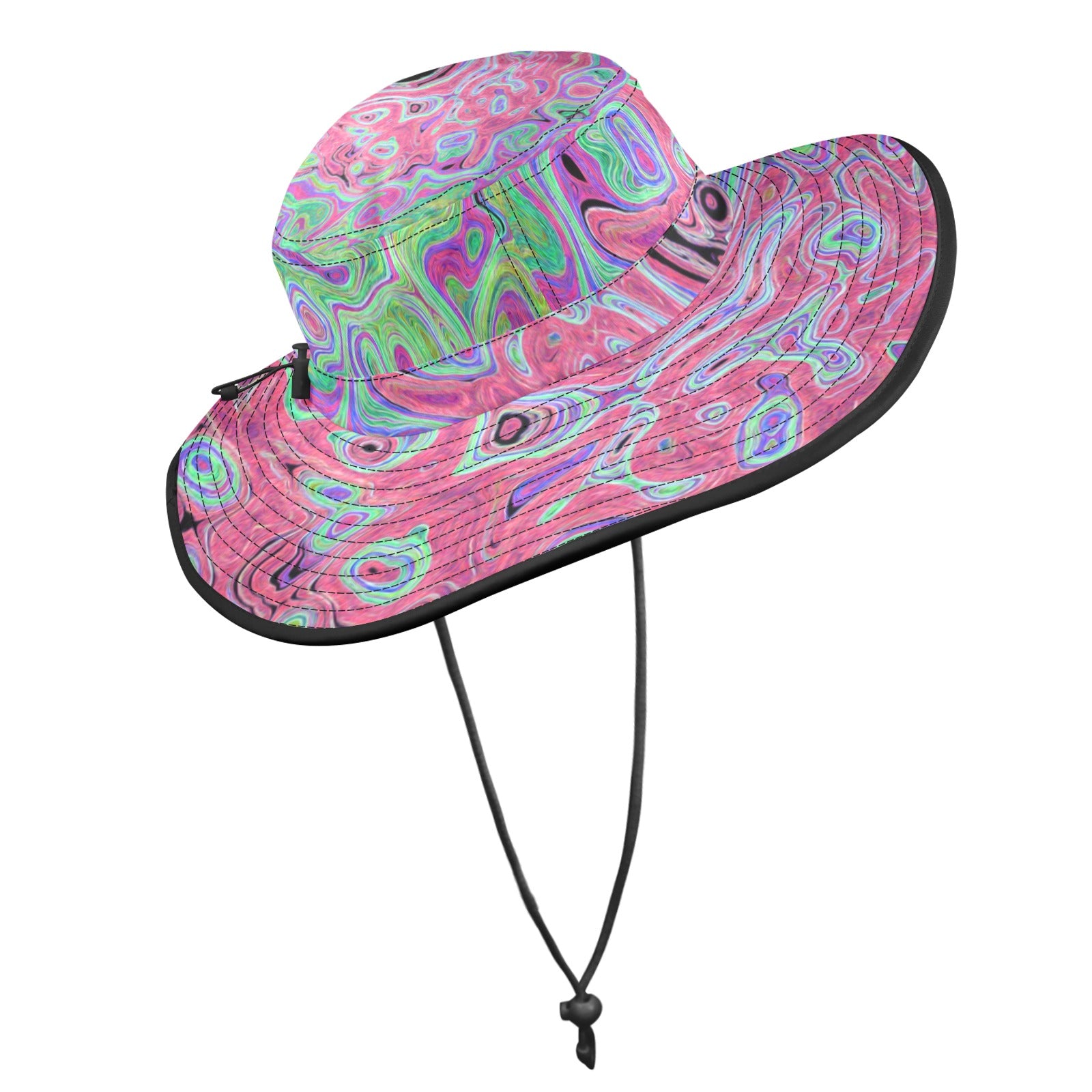 Wide Brim Sun Hat - Pink and Lime Green Groovy Abstract Retro Swirl