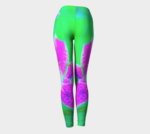Artsy Yoga Leggings, Hot Pink Stargazer Lily on Turquoise and Green Pants