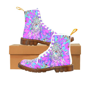 Boots for Women, Trippy Abstract Aqua, Lime Green and Purple Dahlia - White